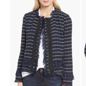 Halogen raw edge tweed jacket blazer boucle fring navy blue black lady career XL